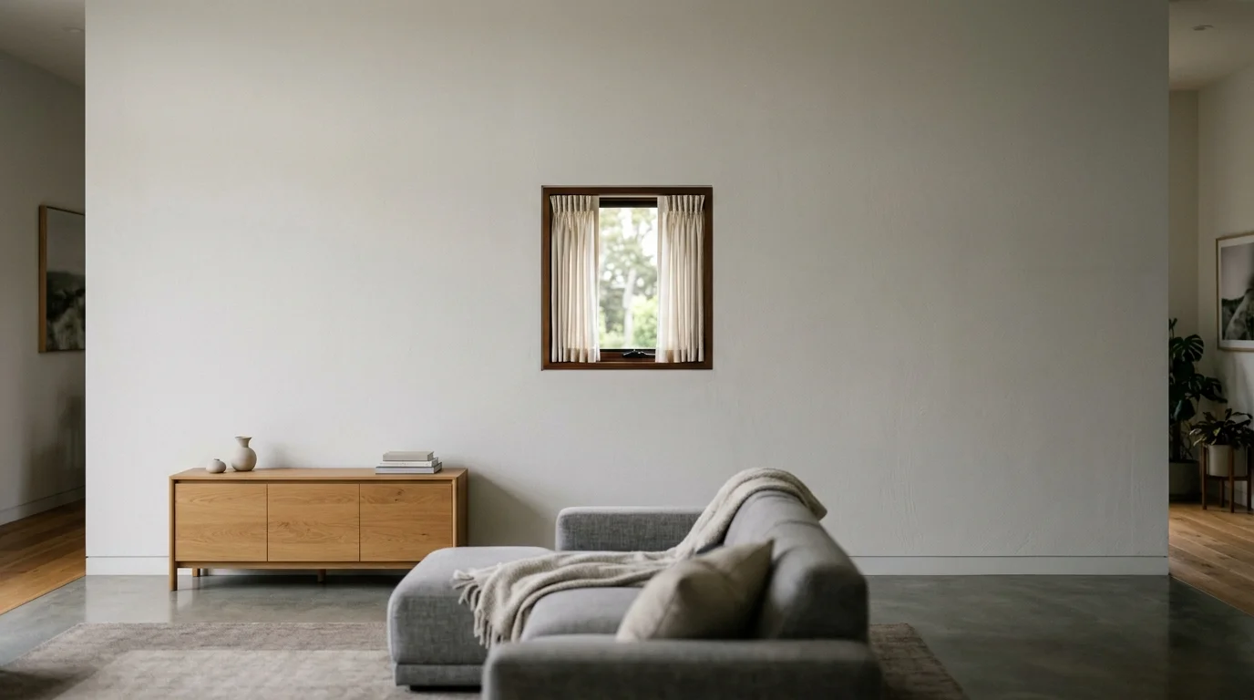 A small window with narrow, inside-mount curtains looking pinched and visually stunted on a large wall.