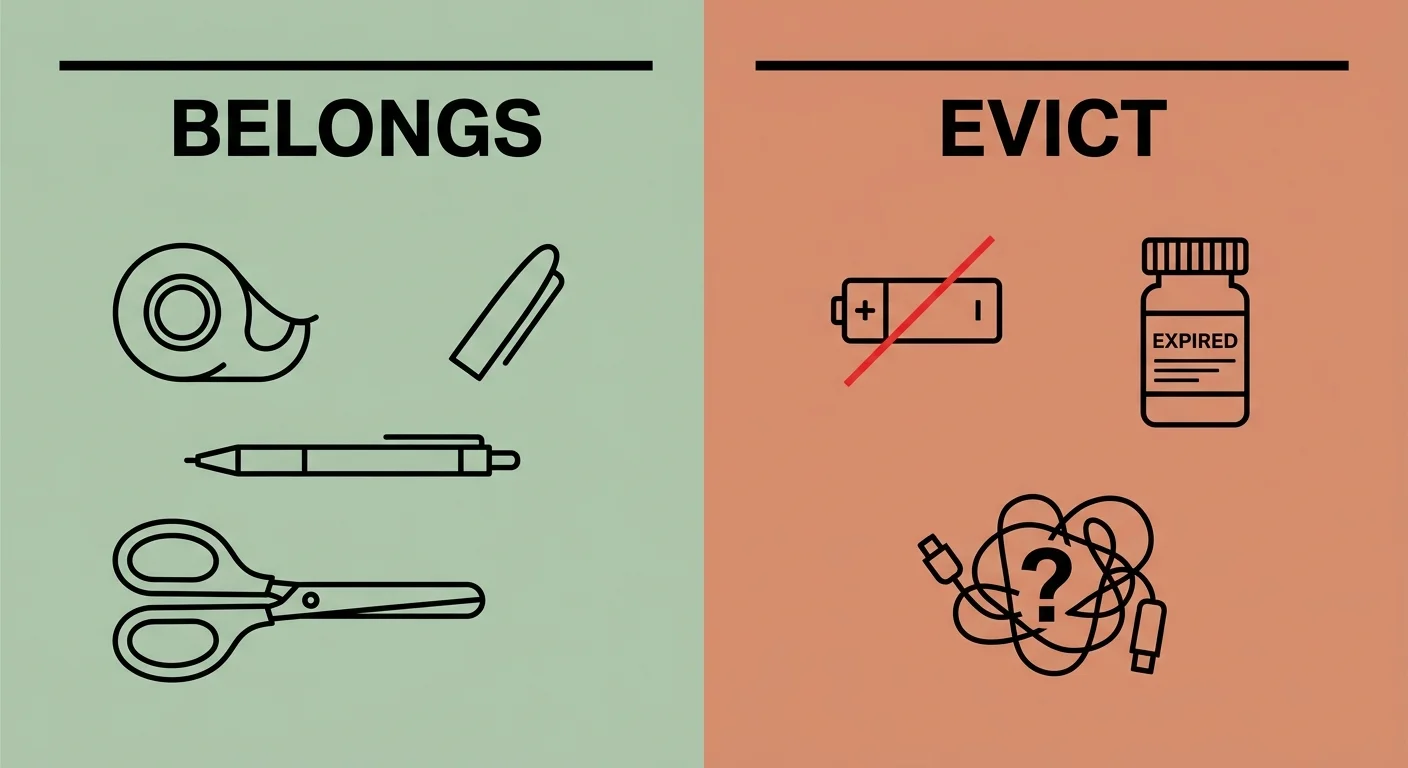 A split-screen diagram comparing items that belong in a utility drawer (tape, pens) to items that should be evicted (expired meds, loose bat