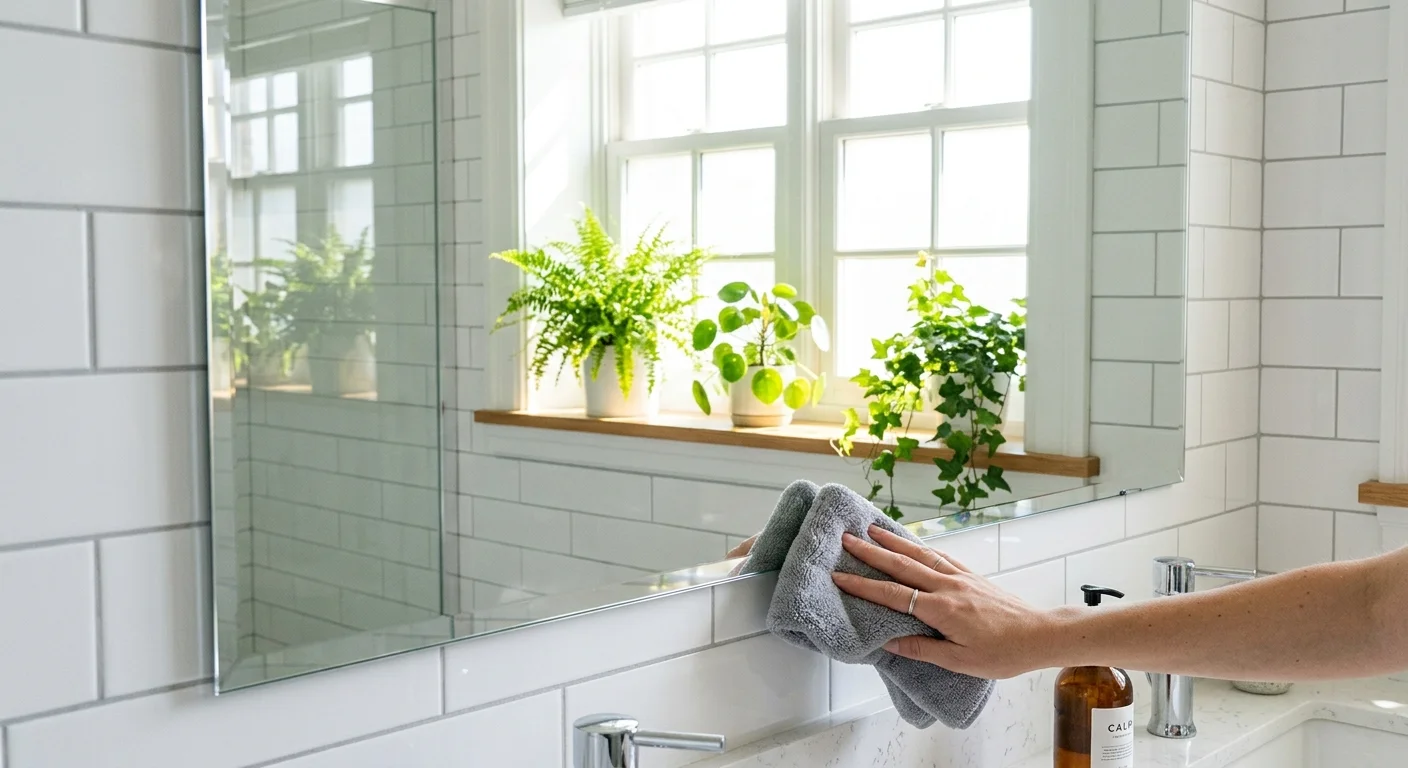 A spotless bathroom mirror reflecting a sunlit window and green plants, with a hand holding a microfiber cloth at the edge.