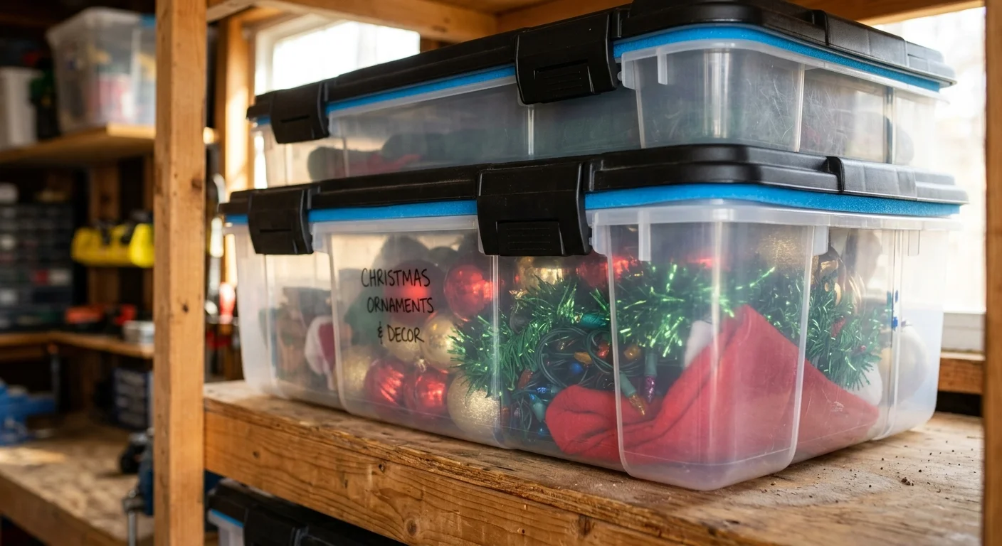 A stack of clear plastic storage bins with blue weather-tight seals sitting on a wooden garage shelf.