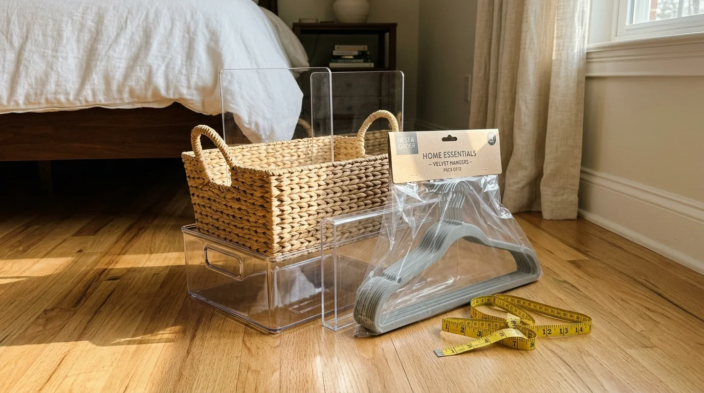 A stack of empty storage bins, acrylic dividers, and velvet hangers on a wooden floor next to a tape measure.