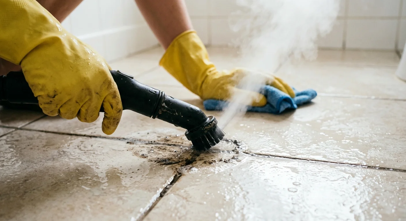 A steam cleaner detail brush blasting steam along a dirty grout line on a tiled bathroom floor.