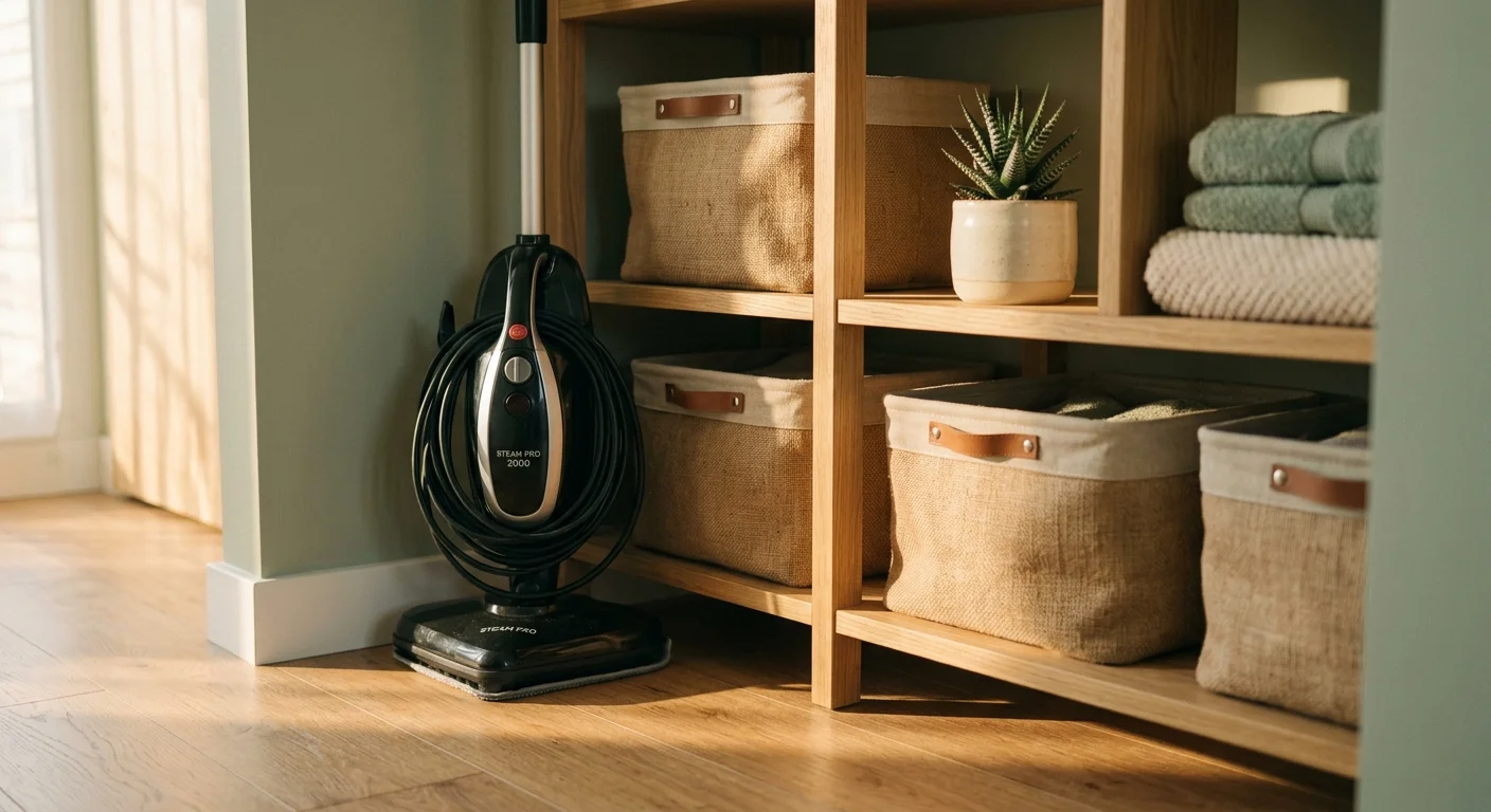 A steam cleaner neatly stored next to organized shelves in a peaceful, clean laundry room.