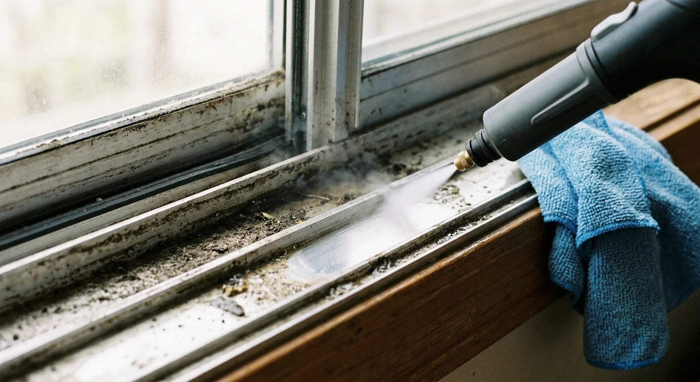 A steam cleaner nozzle blasting accumulated dust and dirt out of a sliding window track.