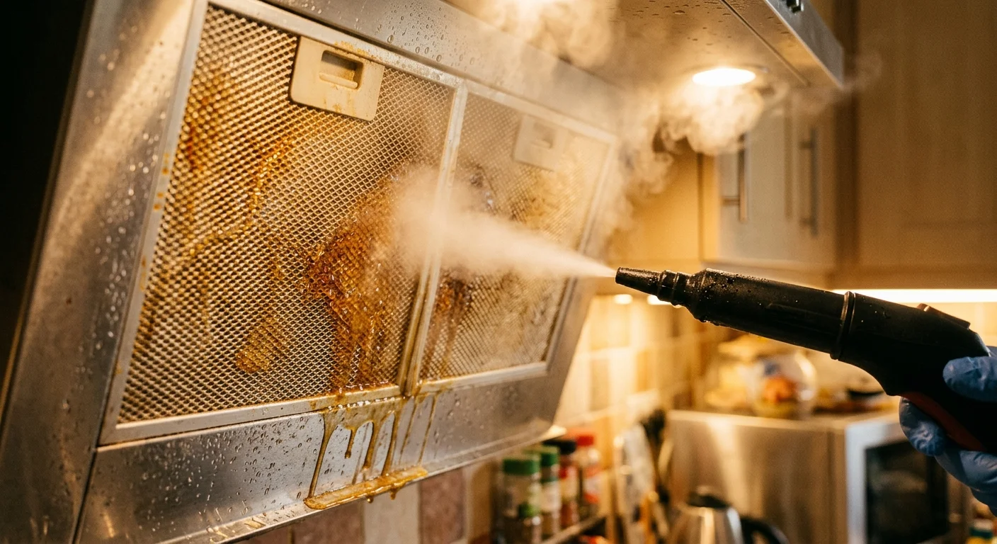 A steam cleaner nozzle liquefying grease on a metal range hood filter with a blast of hot steam.
