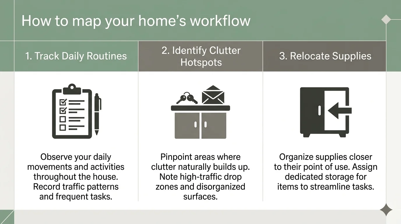 A step-by-step infographic showing three columns for tracking routines, identifying hotspots, and relocating supplies.