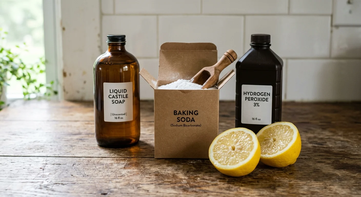 A still life photo of natural cleaning ingredients: baking soda, liquid castile soap, hydrogen peroxide, and a sliced lemon.