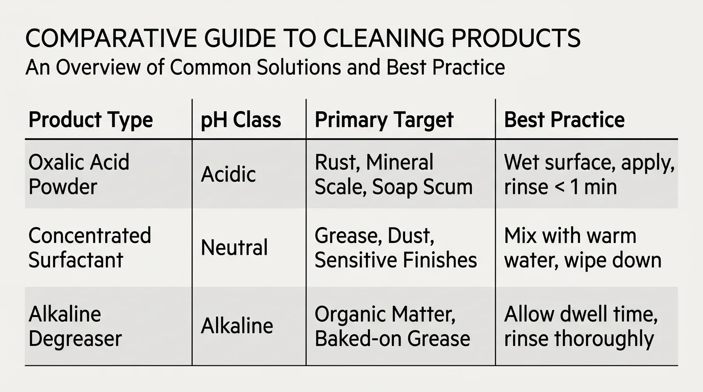 A structured data table comparing acidic, neutral, and alkaline cleaning products by surface and target grime.