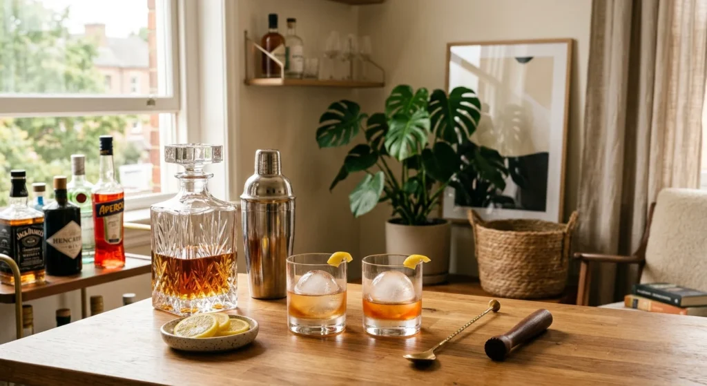 A styled small-space home bar with a decanter, shaker, and glasses on a wooden table, bathed in warm natural light.