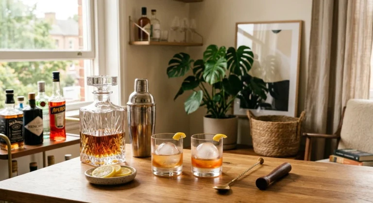 A styled small-space home bar with a decanter, shaker, and glasses on a wooden table, bathed in warm natural light.