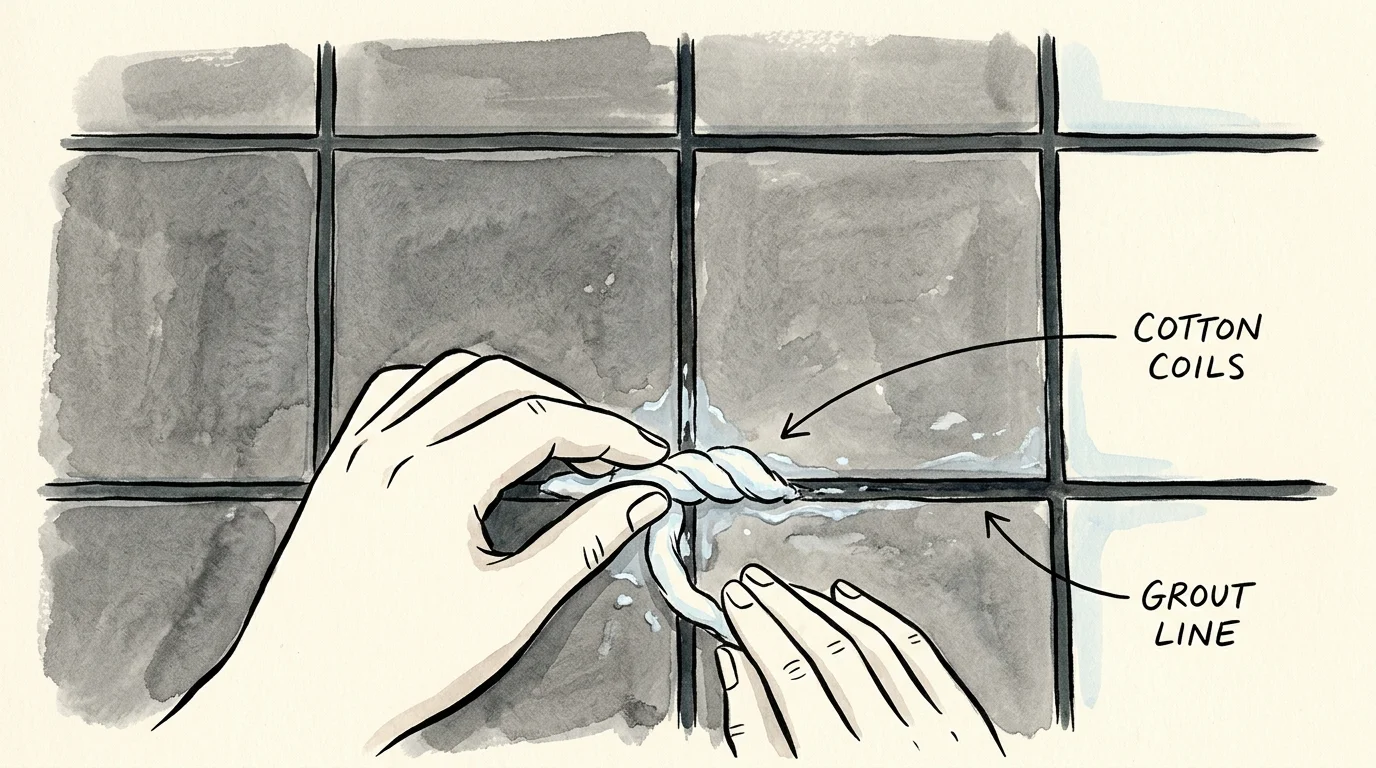 A stylized editorial illustration showing thick white cotton coils being placed along dark tile grout lines.