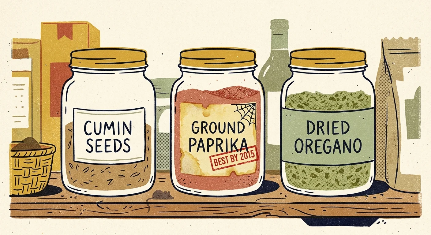 A stylized graphic illustration of old spice jars on a shelf, with one jar stamped with an expired best-by date.
