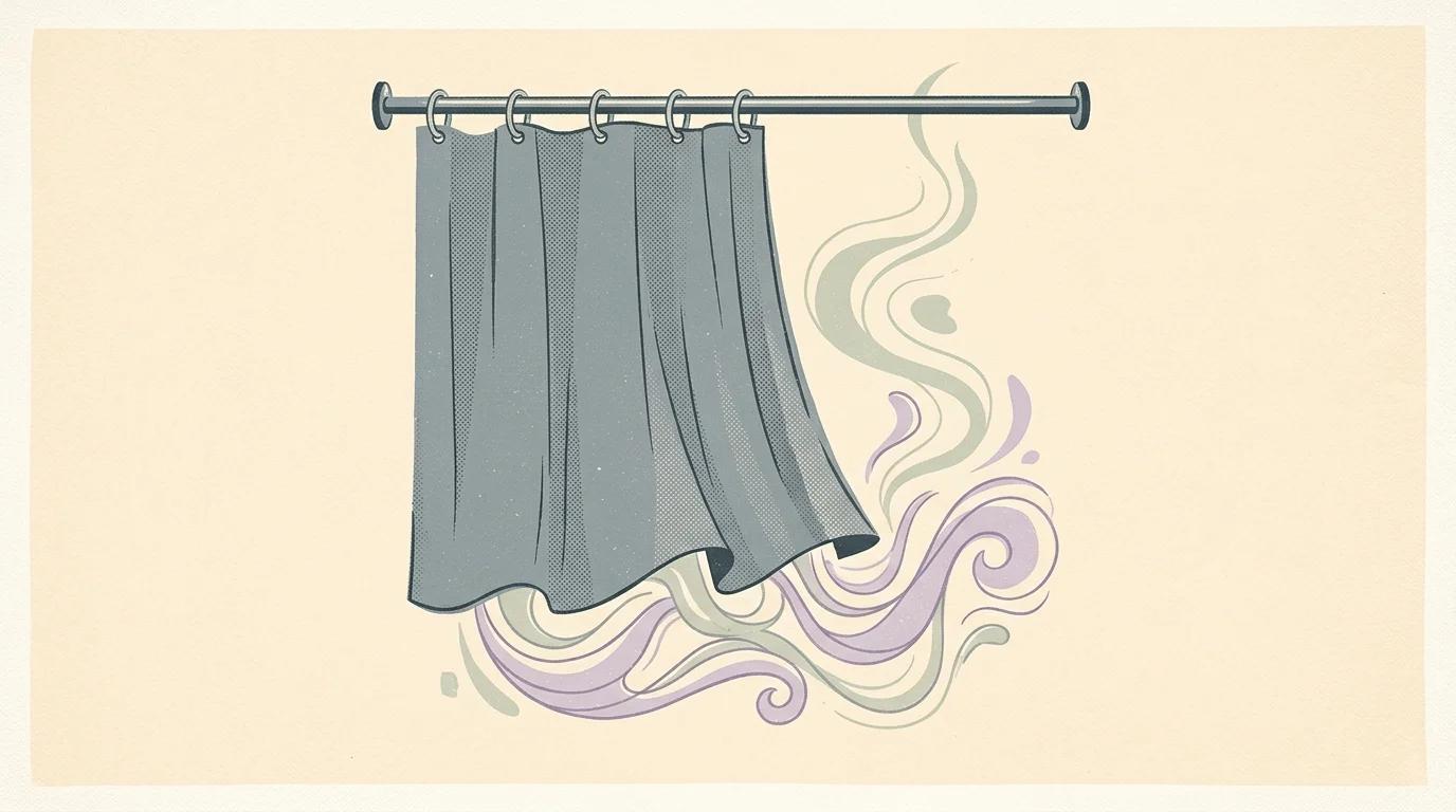 A stylized screenprint illustration of a shower liner with soft, swirling purple and green mist rising from it, representing trapped odors.