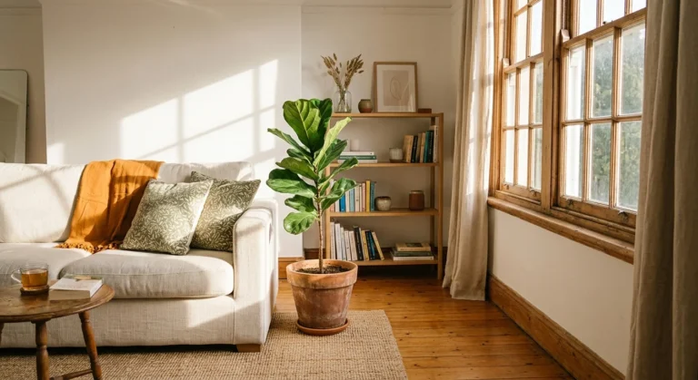 A sun-drenched living room featuring a neutral linen sofa with textured throw pillows, a large potted plant, and clean windows.