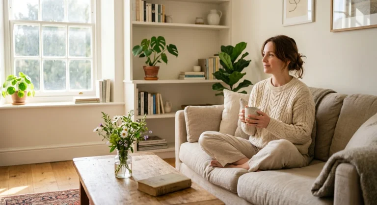 A sunlit, clean living room with a person relaxing on a cozy sofa holding a mug, showing a tidy and restored home environment.
