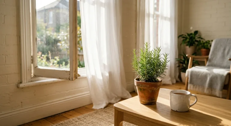 A sunlit living room corner with a potted rosemary plant on an oak table next to an open window with billowing white linen curtains.