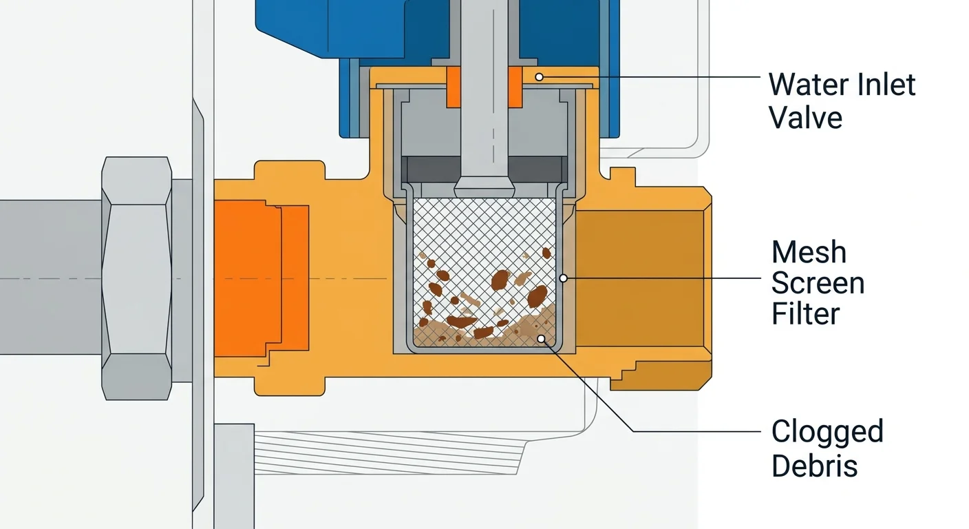 A technical cross-section diagram of a water inlet valve showing a mesh filter clogged with rust and debris.