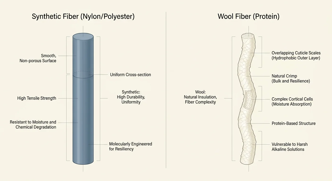 A technical diagram comparing the smooth cylinder of synthetic carpet fiber with the delicate, scaly texture of natural wool.