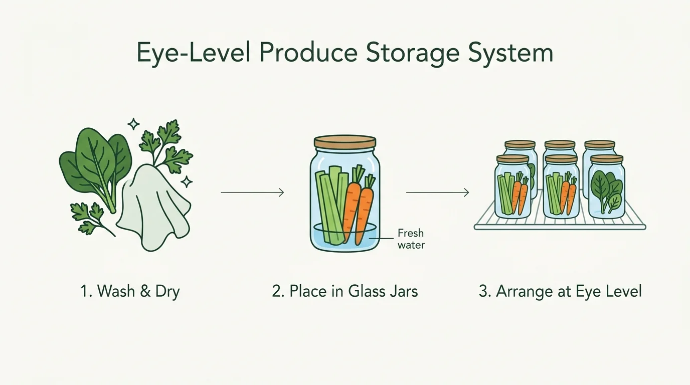 A three-step horizontal diagram showing how to wash, dry, jar, and store produce at eye level in the refrigerator.