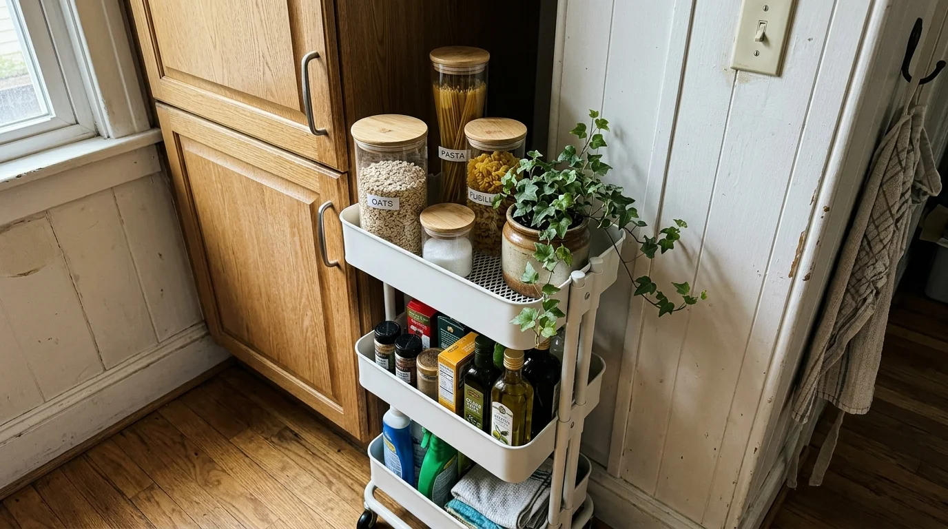 A three-tier slim white rolling cart filled with glass storage jars, tucked into a narrow gap in a kitchen.
