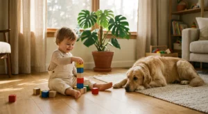 A toddler playing with wooden blocks on a clean hardwood floor next to a relaxed golden retriever in a sunlit living room.