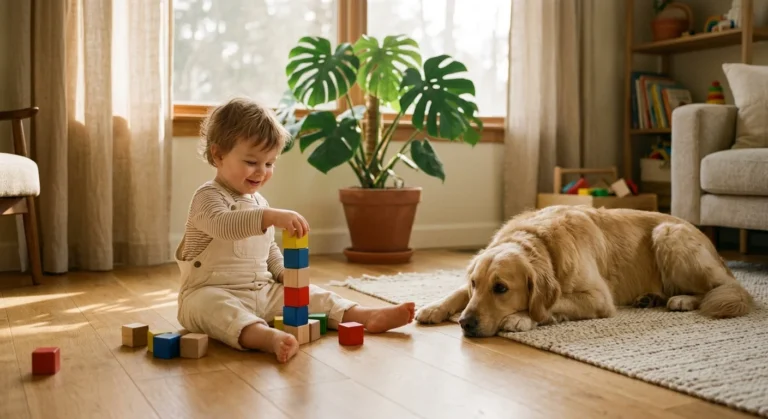 A toddler playing with wooden blocks on a clean hardwood floor next to a relaxed golden retriever in a sunlit living room.