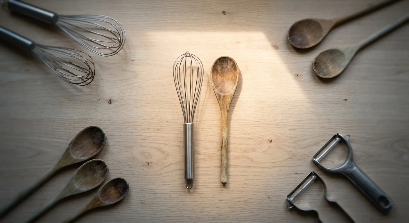 A top-down photo showing groups of duplicate kitchen tools, with one selected whisk and wooden spoon highlighted in morning light.