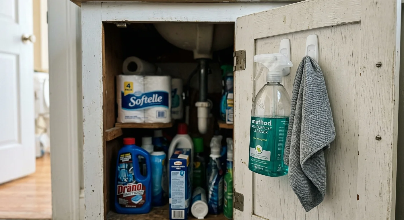 A view inside a bathroom cabinet showing a spray bottle and microfiber cloth hanging on the inside of the door.
