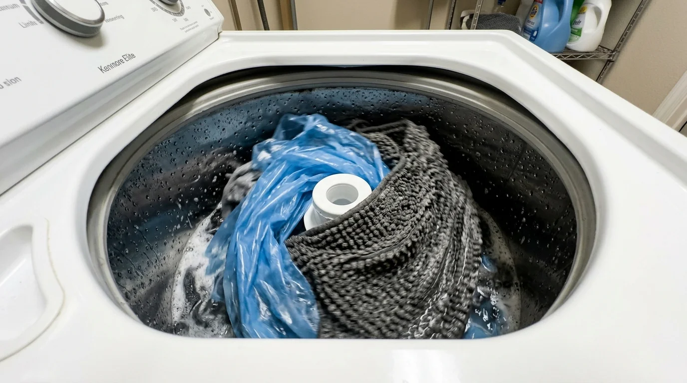 A view inside a washing machine showing a blue plastic shower liner and a grey bath mat washing together.