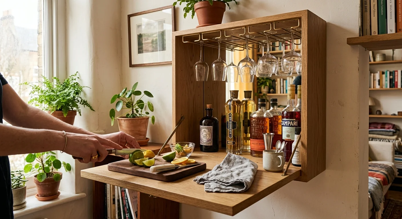 A wall-mounted secretary desk folded down into a bar, with hanging glassware and a mirrored back wall.