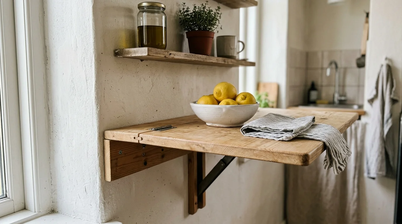 A wall-mounted wooden drop-leaf table in its raised position, holding a bowl of lemons in a small kitchen.