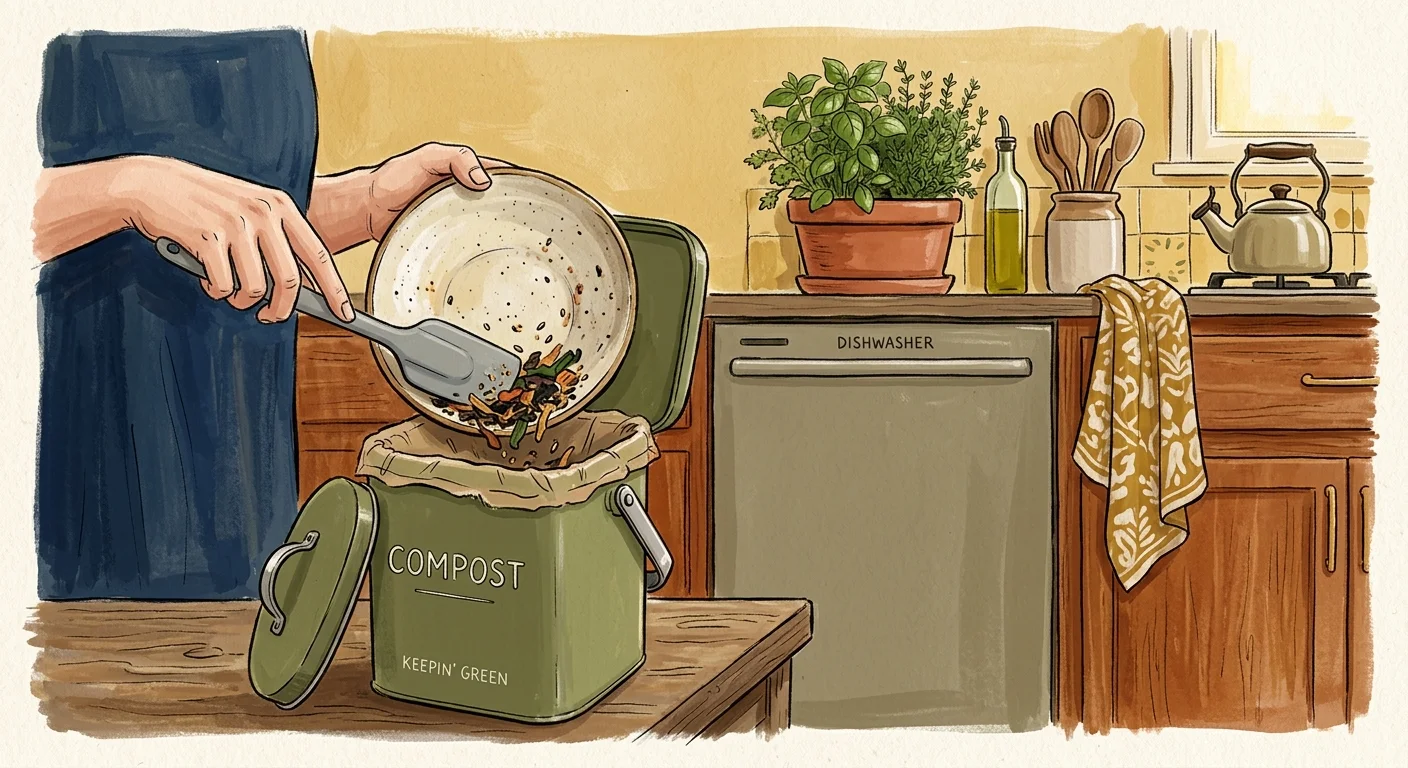 A warm gouache illustration of a person scraping food from a plate into a compost bin in a cozy kitchen.