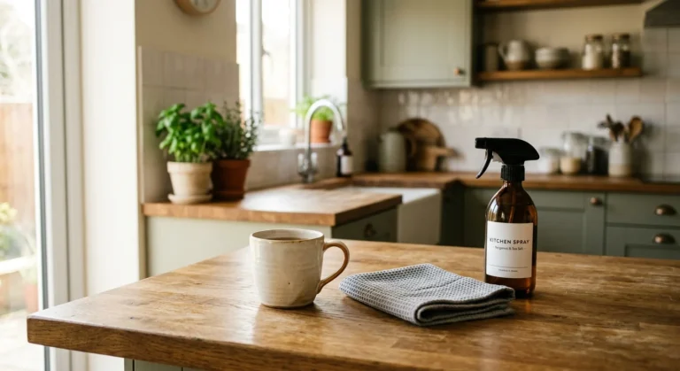 A warm kitchen counter with an amber spray bottle, a folded grey microfiber cloth, and a ceramic mug in soft morning light.