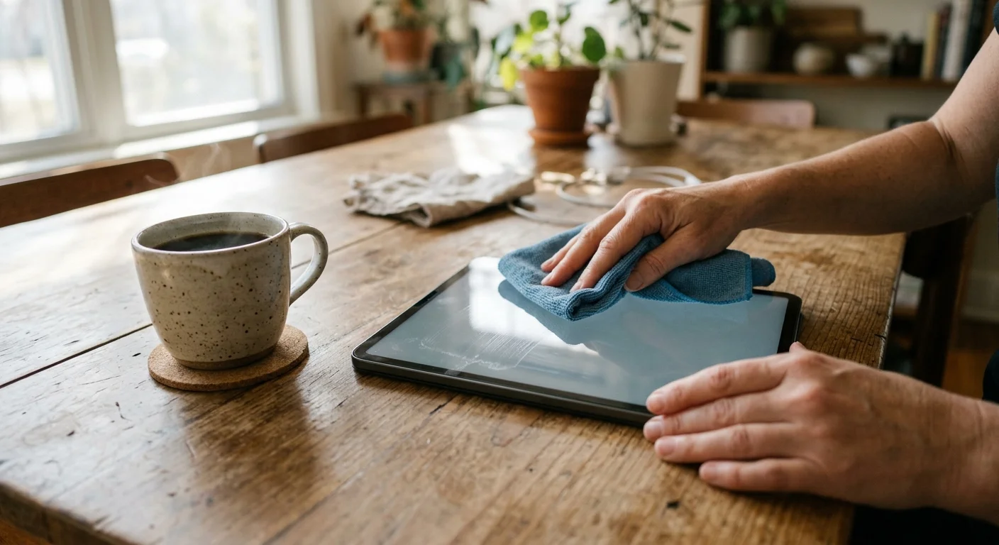 A warm photograph of hands gently wiping a tablet screen with a microfiber cloth on a sunny wooden dining table.