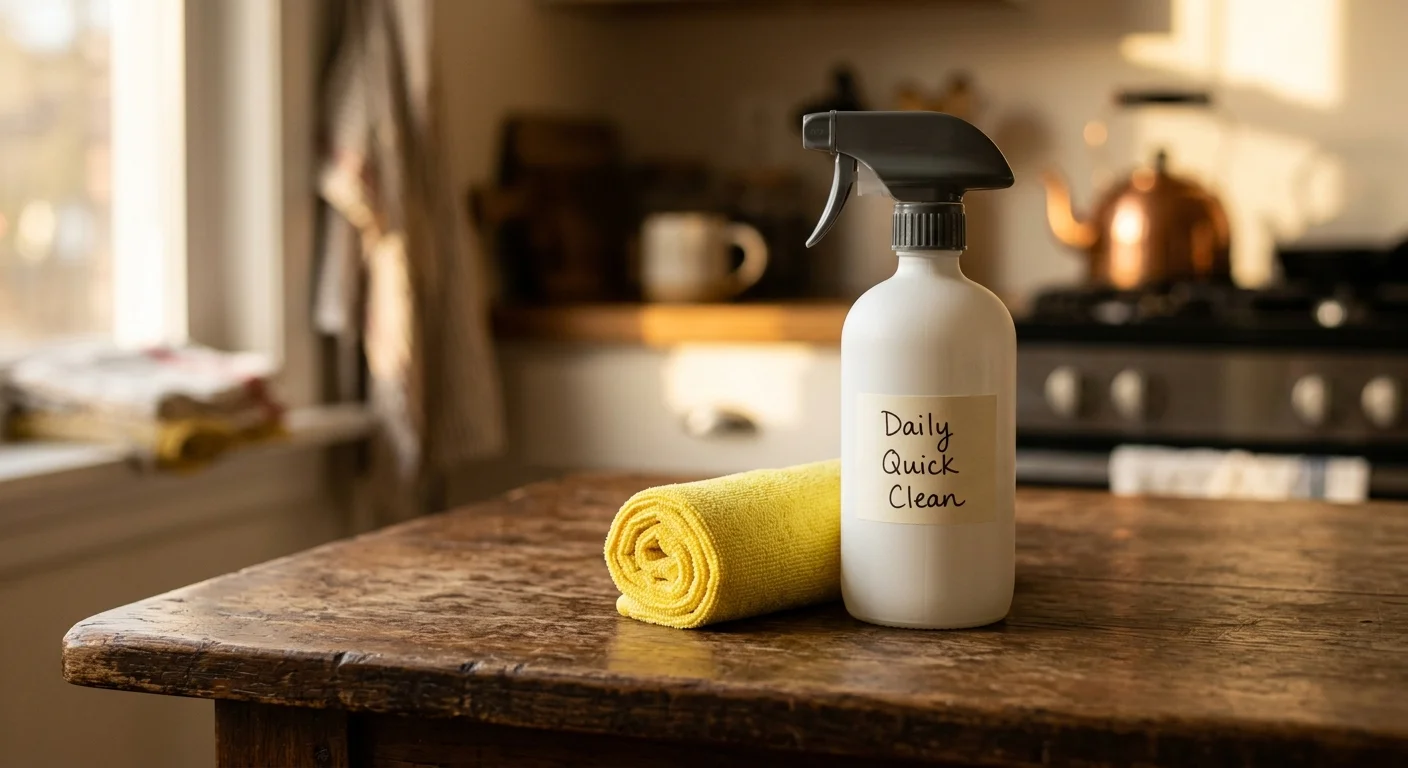 A warm still-life photograph of a labeled white spray bottle and a rolled yellow microfiber cloth on a rustic wooden table.