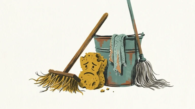 A warm, stylized illustration of worn-out cleaning tools, including a crumbling sponge, a frayed cloth, and a broom with splayed bristles.