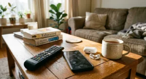 A warm, sunlit photo of a smartphone, TV remote, and wireless earbuds resting on a wooden coffee table.