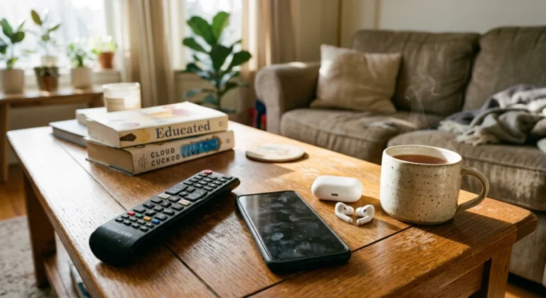 A warm, sunlit photo of a smartphone, TV remote, and wireless earbuds resting on a wooden coffee table.