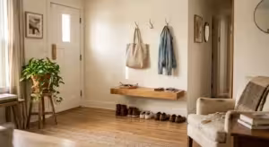 A warm, sunlit small apartment entryway featuring a wooden floating bench, brass wall hooks, and a potted plant, looking organized and invit