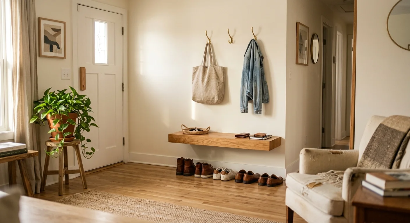 A warm, sunlit small apartment entryway featuring a wooden floating bench, brass wall hooks, and a potted plant, looking organized and invit