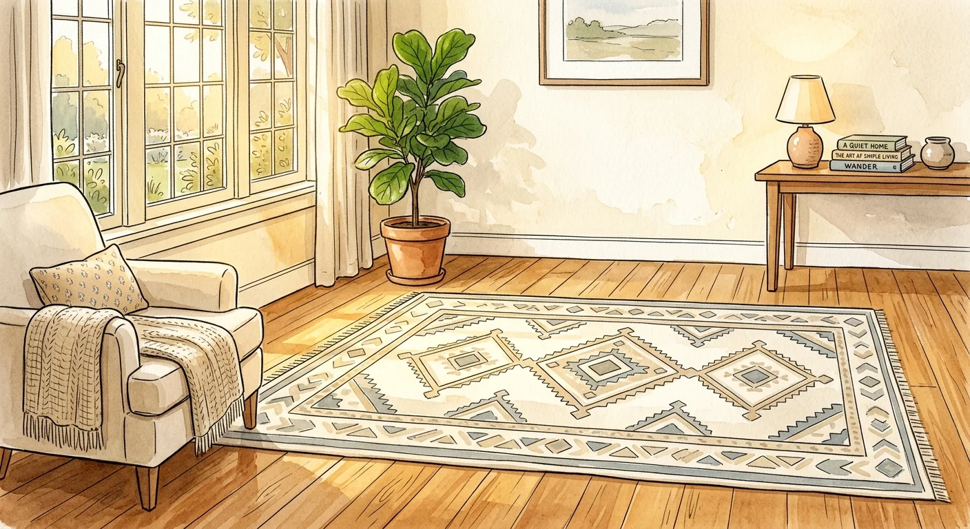 A warm watercolor illustration of a sunlit living room with a perfectly clean patterned rug on hardwood floors.