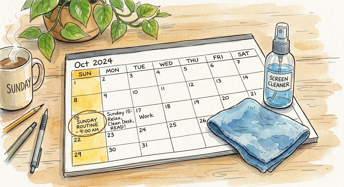 A watercolor and ink illustration of a desk calendar highlighting Sunday, next to a spray bottle and microfiber cloth.