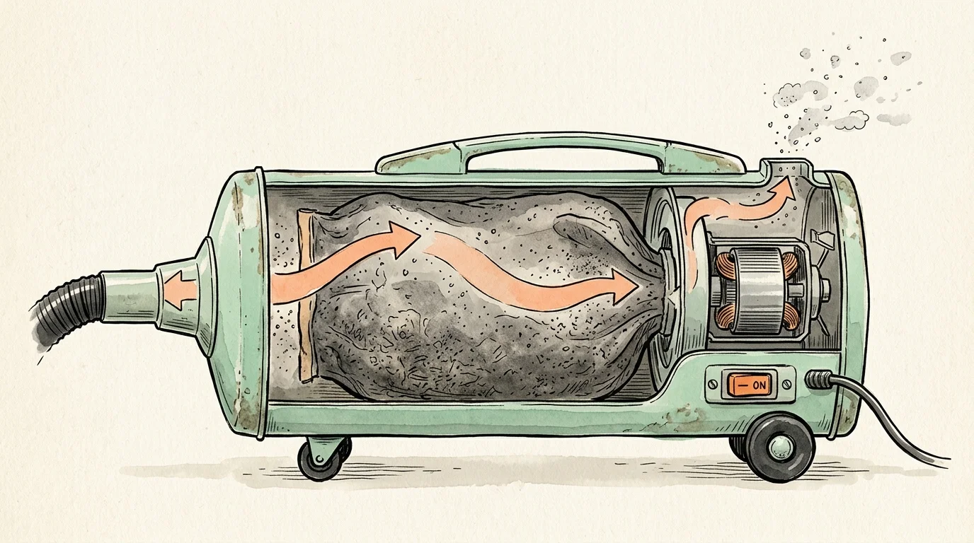 A watercolor cross-section illustration of a vacuum cleaner showing a clogged, dusty filter bag and escaping dust particles.