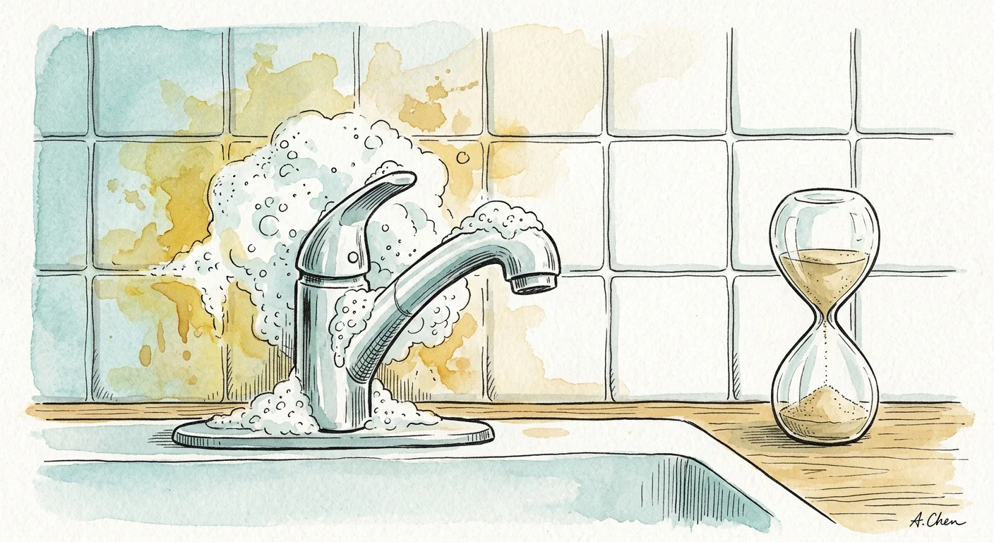 A watercolor illustration of a kitchen sink covered in cleaning foam next to a 12-minute hourglass sand timer.