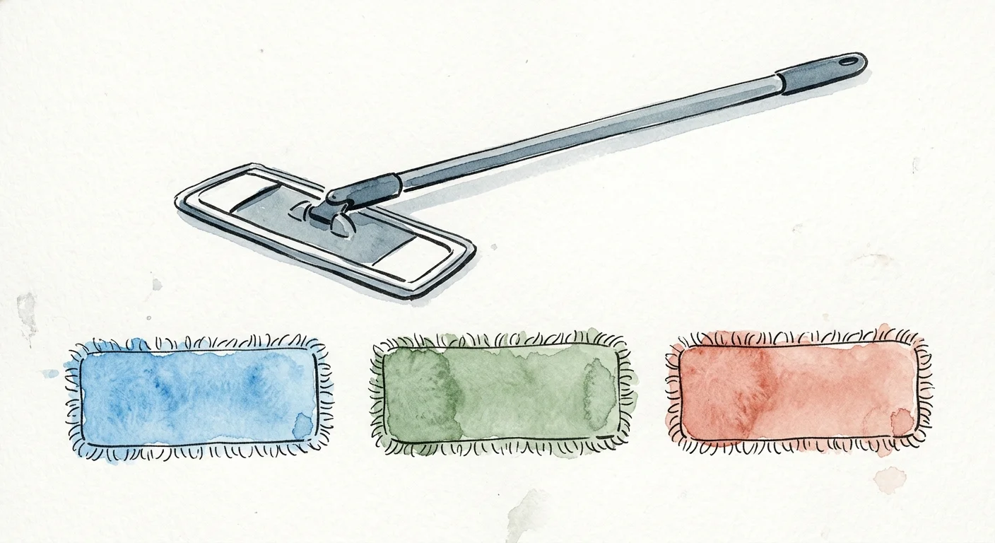A watercolor illustration of a modern flat mop handle with three clean, color-coded microfiber pads arranged below.