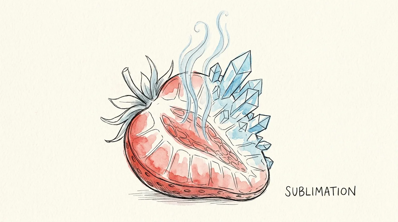 A watercolor illustration of a strawberry showing moisture vapor escaping its cells to form surface ice crystals.