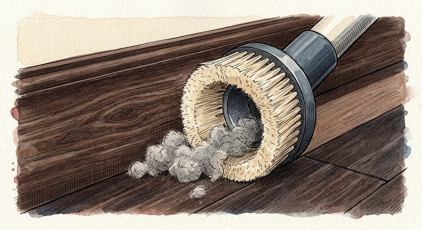 A watercolor illustration showing a vacuum brush attachment dusting a clean dark wooden baseboard.