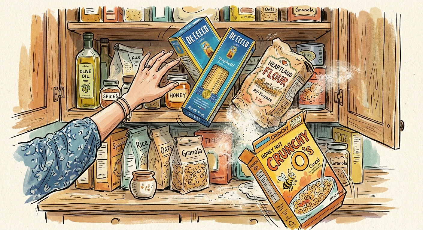 A whimsical gouache illustration of a hand reaching into a pantry, causing a cascade of falling pasta boxes, flour, and cereal.