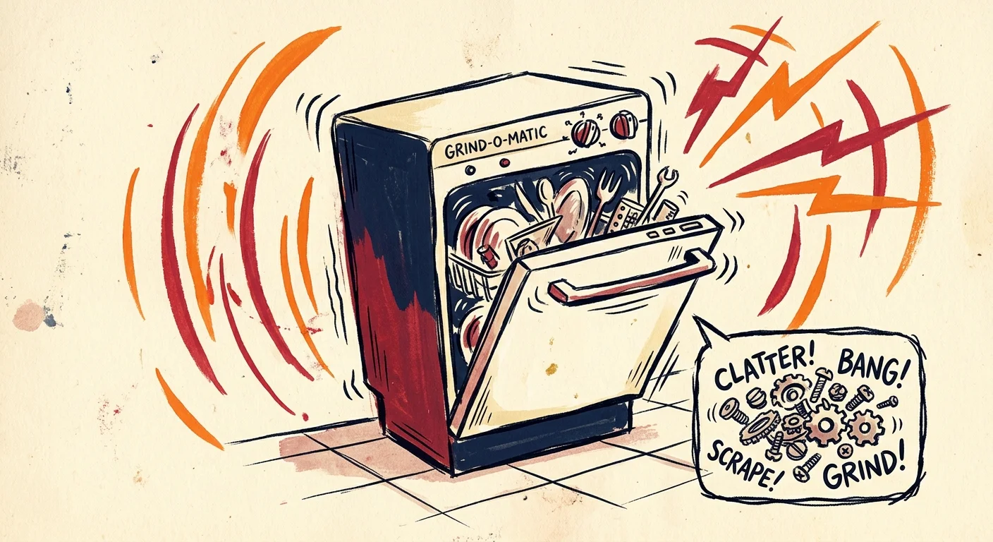 A whimsical gouache illustration of a vibrating dishwasher radiating red and orange soundwave lines.