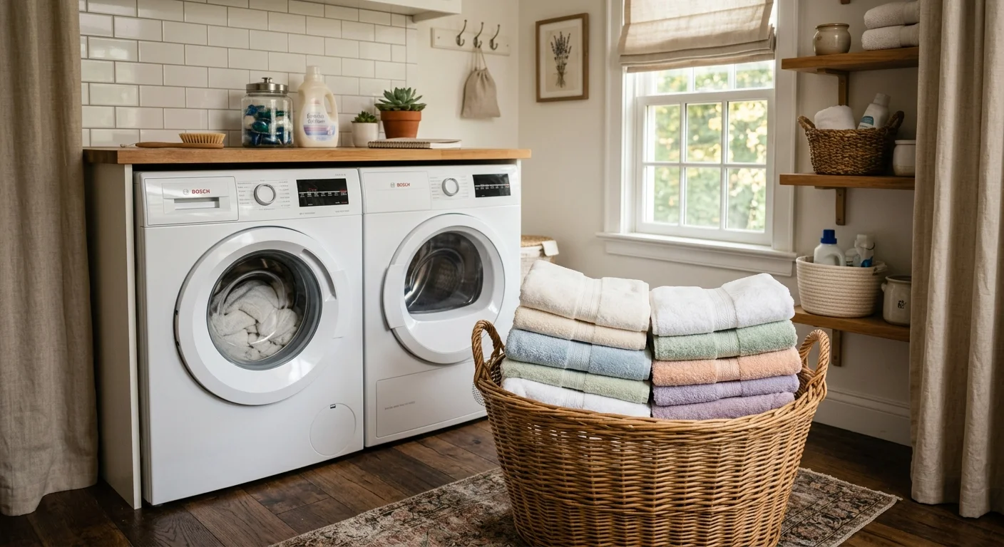 A wicker basket full of freshly folded towels sits in a bright, sunlit laundry room next to a clean washer.